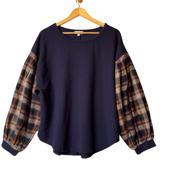 Umgee Tops - Umgee Top Womens Size Medium Mixed Media Plaid Balloon Bubble Sleeve Oversized